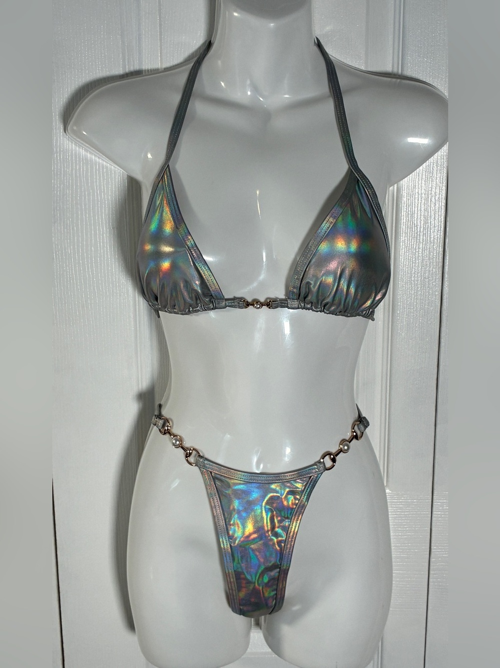 Silver Holographic Sexy Cheeky Two Piece High Cut Thong Bikini Set Swimsuit